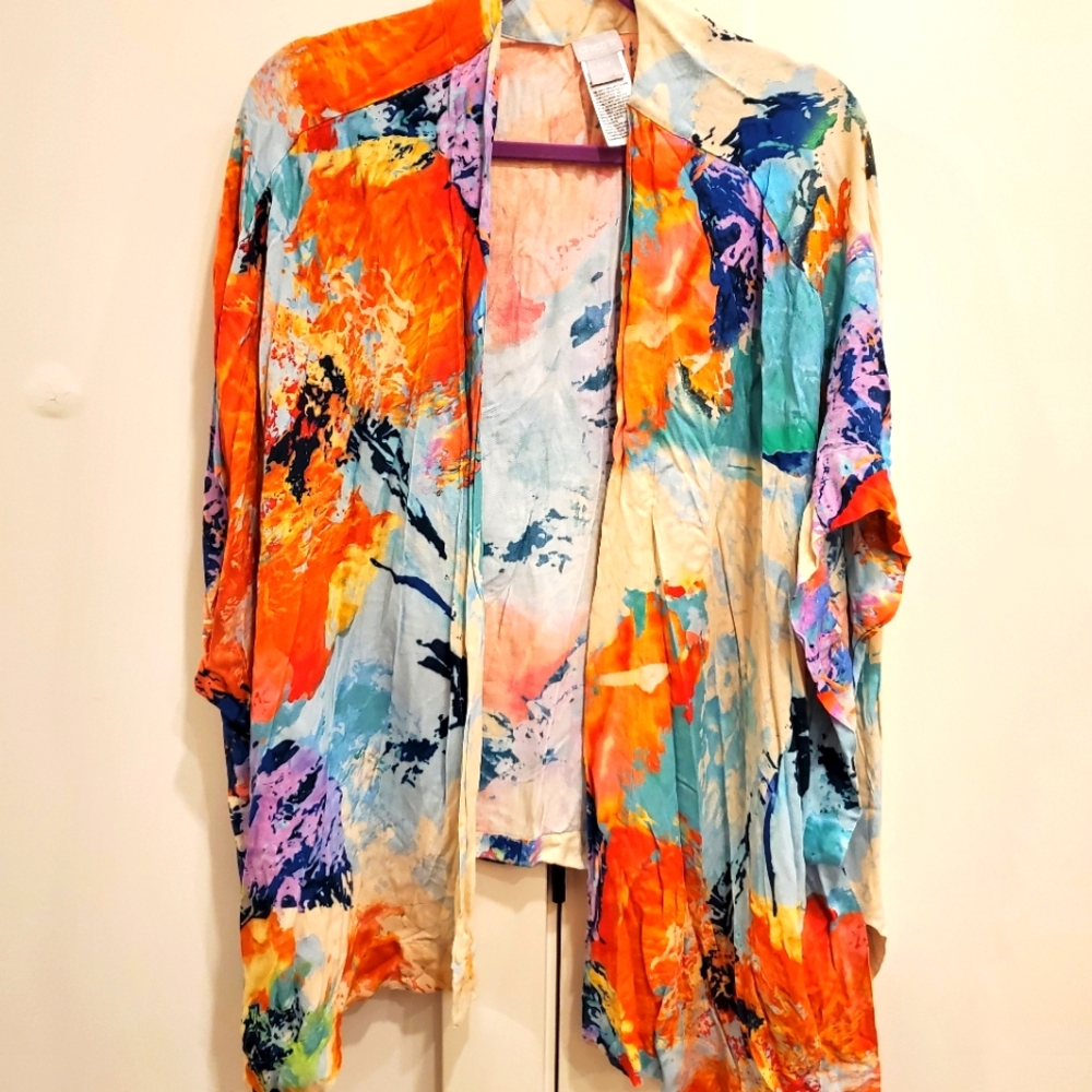 Chico's-Rayon S/M Multicolor Abstract Kimono